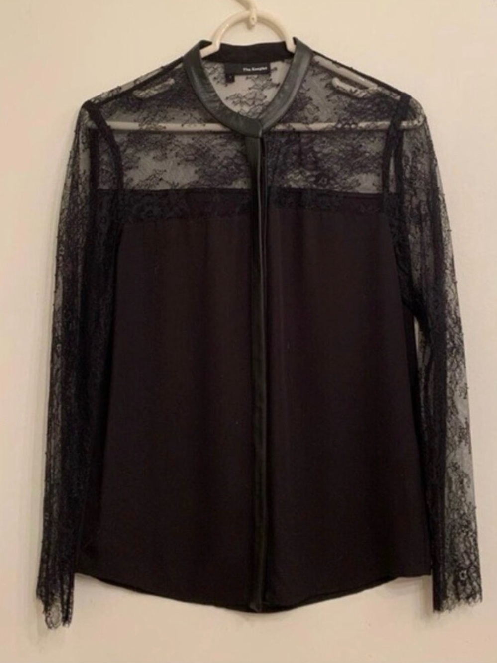 The Kooples Black Lace Sheer Lace Panel Black Blouse Leather Trim Size 1 Small